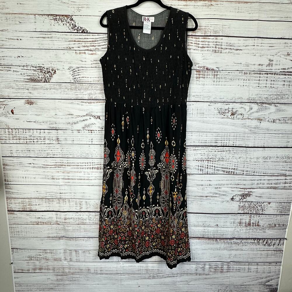 Womens VTG 90s RK Originals Black Smocked Sleeveless Boho Flowy Maxi Dress 14